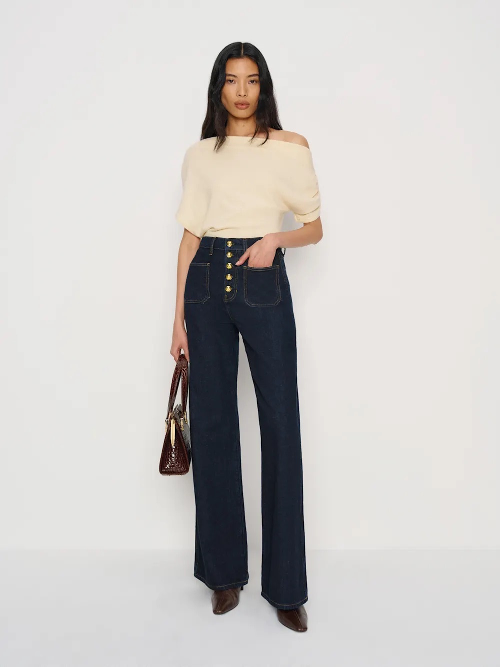 Reformation Cary High Rise Slouchy Wide Leg Jeans With Ondine Exposed Buttons